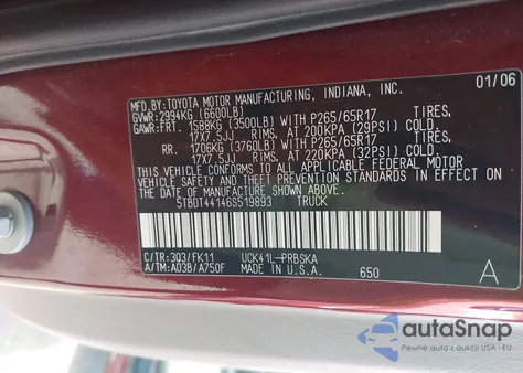 2006 Toyota Tundra Sr5 V8 z USA, uszkodzony, nr VIN 5TBDT44146S519893